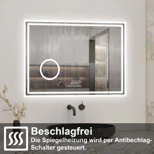 Rechteckiger Badspiegel mit LED-Beleuchtung, Antibeschlag, integrierter Uhr, Bluetooth und Touch-Steuerung. Dimmbar.
