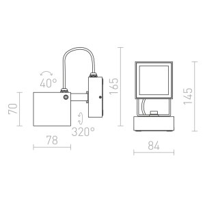 Technische Zeichnung der Rendl Außenleuchte Bora LED Wandstrahler. Maße, quadratische Form, 40° Neigung, 320° Drehung.