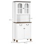 Weißer HOMCOM Küchenschrank mit Glastüren, Schubladen und dunkler Arbeitsplatte. Küchenschrank im Landhausstil.