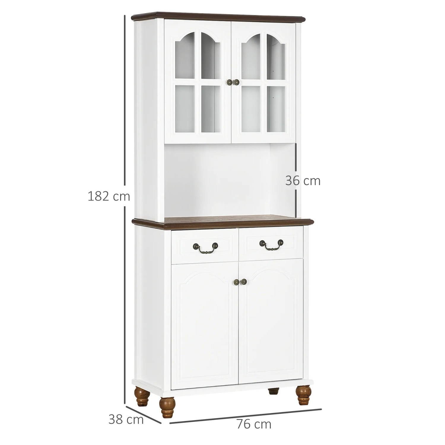 Weißer HOMCOM Küchenschrank mit Glastüren, Schubladen und dunkler Arbeitsplatte. Küchenschrank im Landhausstil.