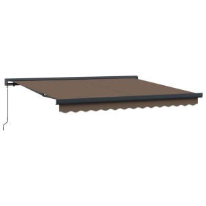 Ausgezogene taupe Markise 450x300 cm aus Leinen und Aluminium mit Kurbel für Sonnenschutz.