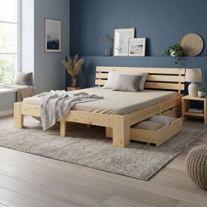 Holzbett 180x200 cm mit Matratzen und Bettkästen im Schlafzimmer.
