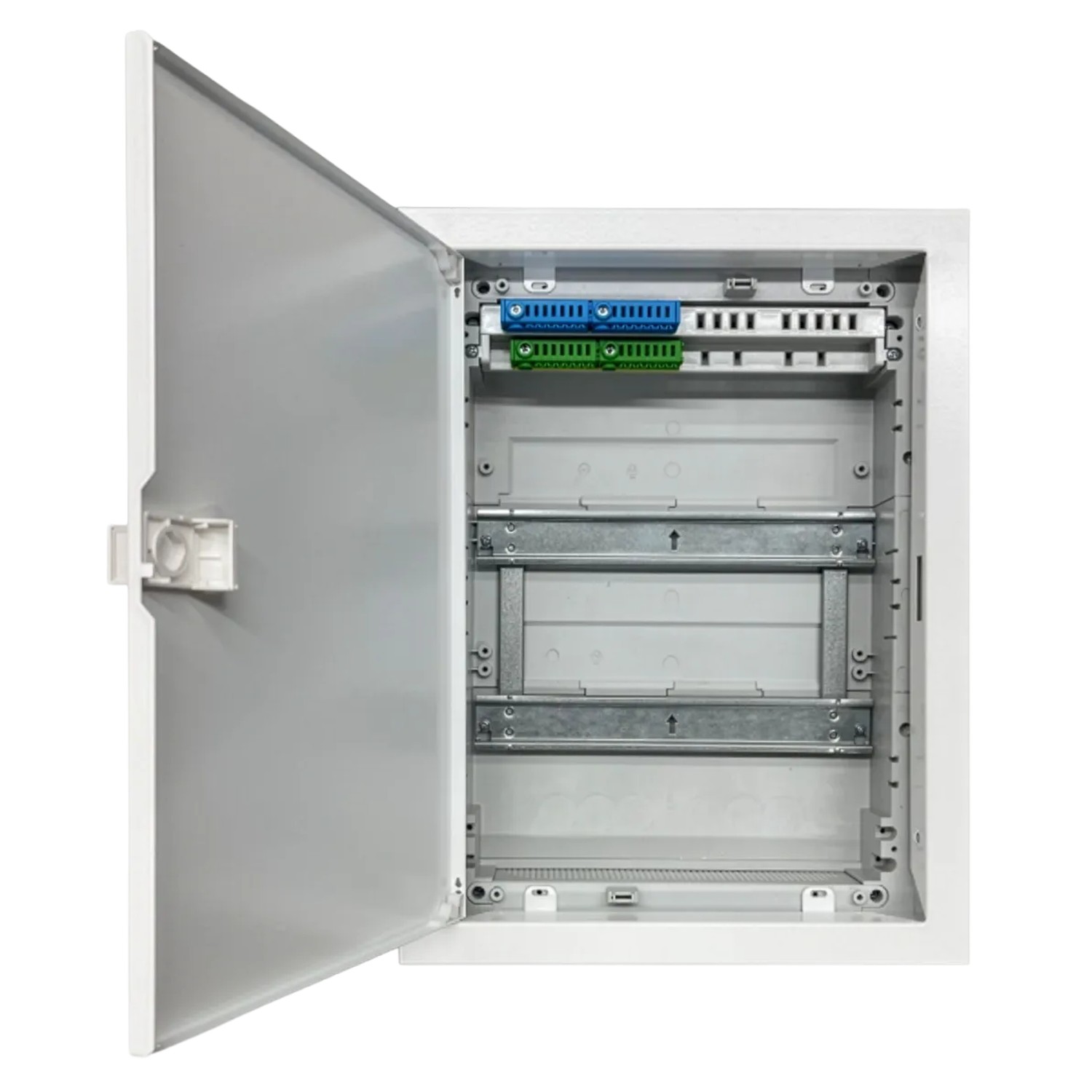 Weißer Alphatec Aufputzkleinverteiler, 2-reihig, mit offener Tür und N/PE-Steckklemmen. Kunststoffgehäuse für Elektroinstallation.