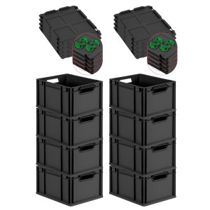 PROREGAL SuperSparSet: 8 schwarze Euroboxen mit Deckel und grünen Verschlüssen, 20 Liter.