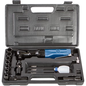 Scheppach Druckluftratsche Set im Koffer mit Steckschlüsseln, Verlängerung, Kardangelenk, Bithalter und Bits.