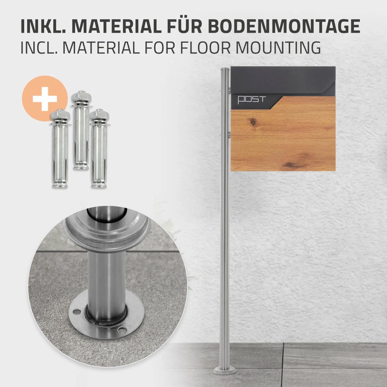 ML-Design Standbriefkasten in Anthrazit-Holzoptik mit Zeitungsfach und silbernem Pfosten.