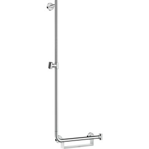 Hansgrohe Unica Comfort Brausestange, 110 cm, links, weiß/chrom, mit Haltegriff und Ablage.