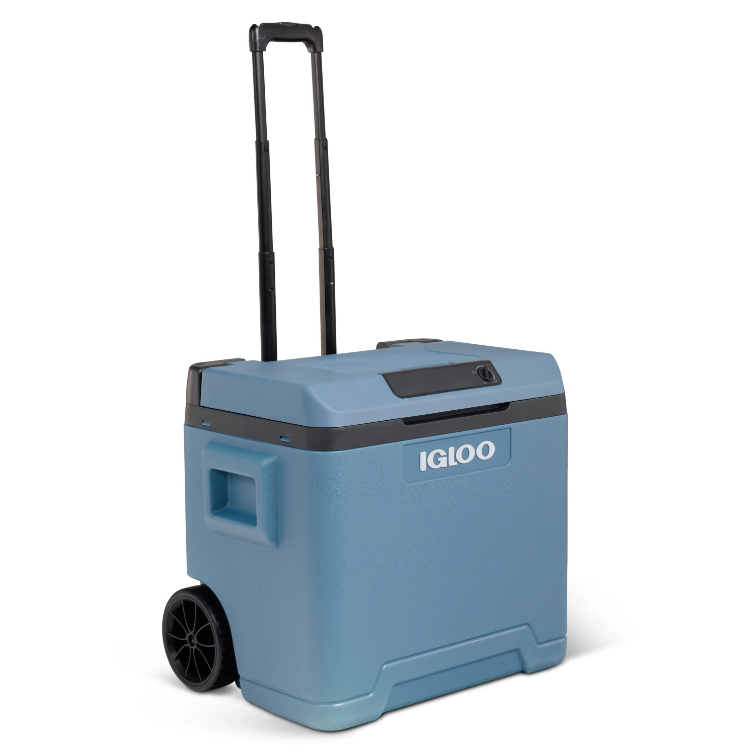 Eisblaue Igloo Kühlbox IE42 mit Rädern und Teleskopgriff. Thermoelektrische Kühlbox für Auto und Steckdose.