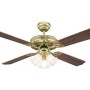 Westinghouse Deckenventilator Monarch Trio mit Beleuchtung, poliertem Messinggehäuse und Holzflügeln.