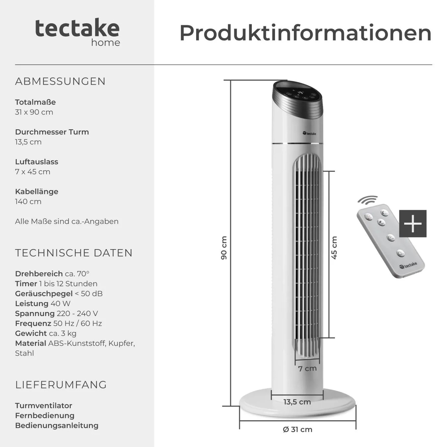 Weißer Tectake Turmventilator mit Fernbedienung, 90cm hoch, für eine angenehme Kühlung.