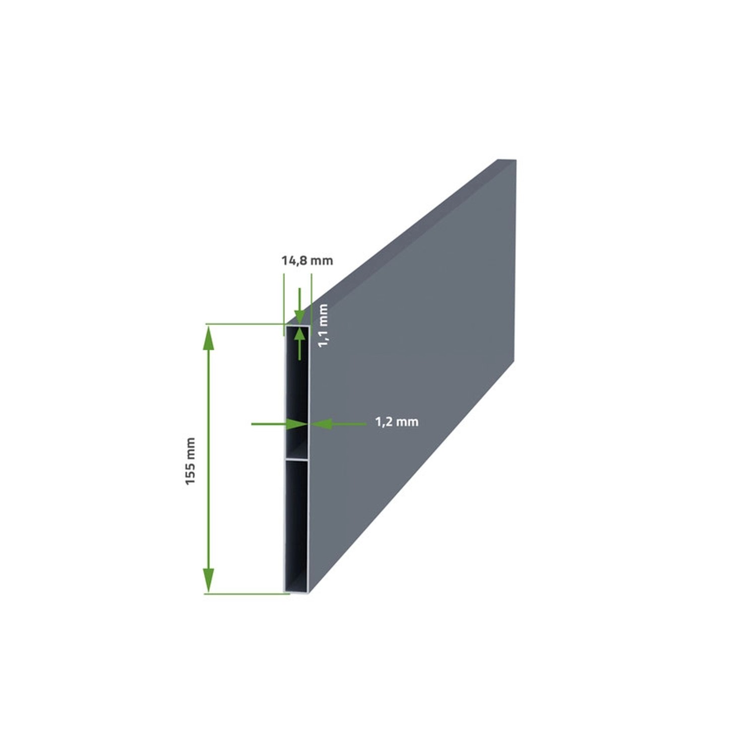 Detailansicht Casanoov Flügeltor Vogel: Profilmaße des grauen Aluminium Gartentors.