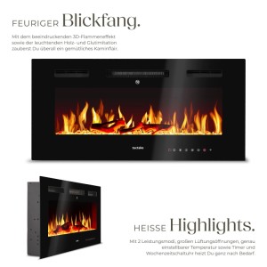 Schwarzer Tectake Elektro Wandkamin Luci mit realistischem 3D-Flammeneffekt, Holz- und Glutimitation. Modernes Design.