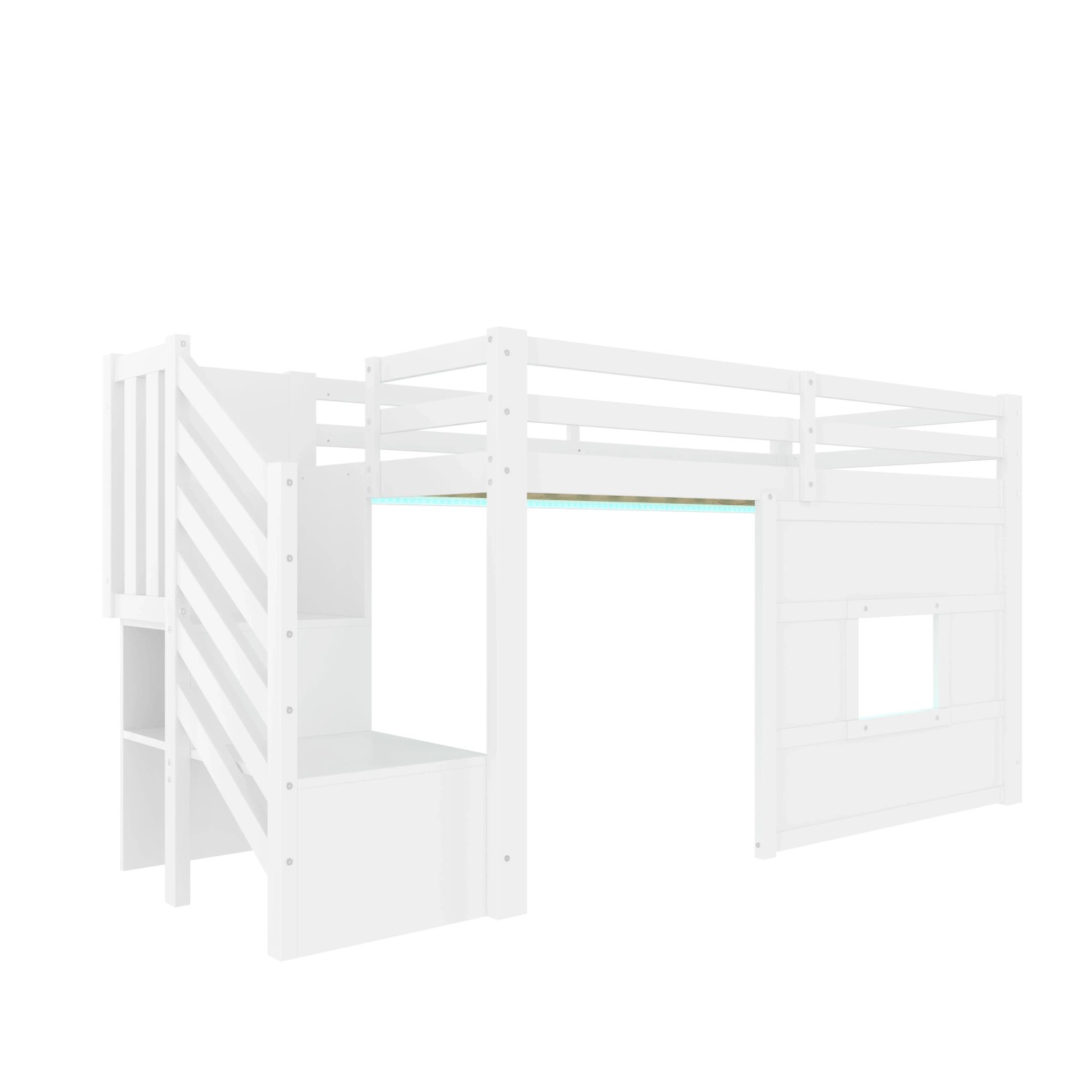 okwish Hochbett 90x200cm mit Stauraumtreppe und Fenster Weiß ohne Matratze