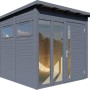 Anthrazitfarbenes Bertilo Gartenhaus Pentus 2 Office aus Holz mit Flachdach und Fenstern.