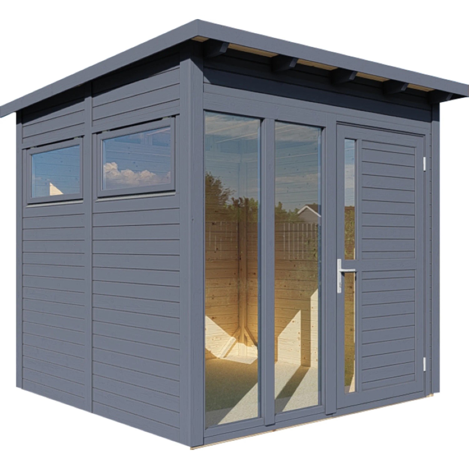 Anthrazitfarbenes Bertilo Gartenhaus Pentus 2 Office aus Holz mit Flachdach und Fenstern.