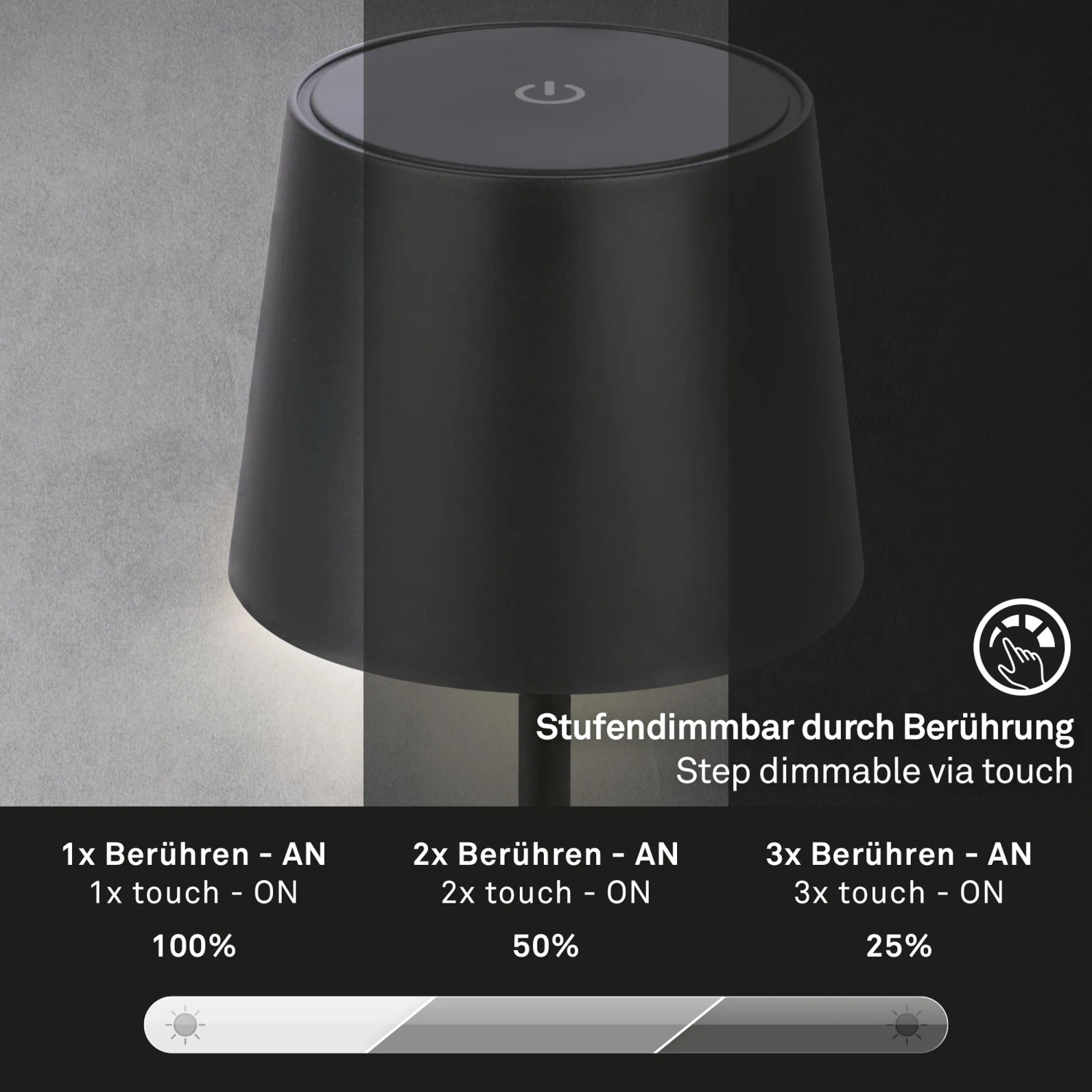 Schwarze Brilo Akku-Tischleuchte mit Touchdimmer für den Außenbereich.