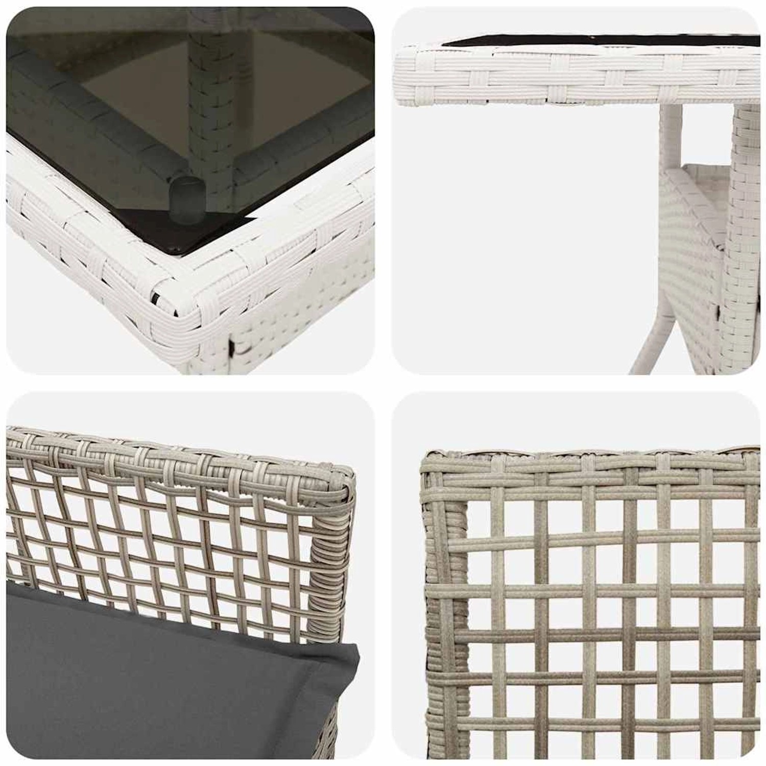 vidaXL Garten Essgruppe, 5-tlg, grau, Poly Rattan, Detailansichten von Tisch und Stühlen.