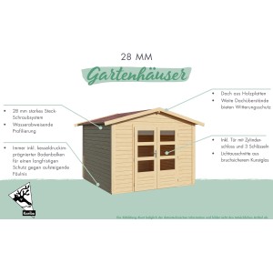 Karibu Holz-Gartenhaus Tessin 2: Naturfarbenes Gartenhaus mit Doppeltür und Satteldach.