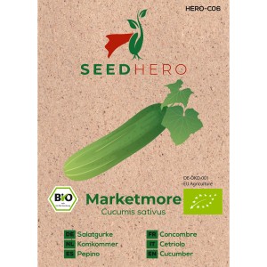 Seedhero BIO Salatgurke Marketmore Samen Packung mit Gurke und Blättern.