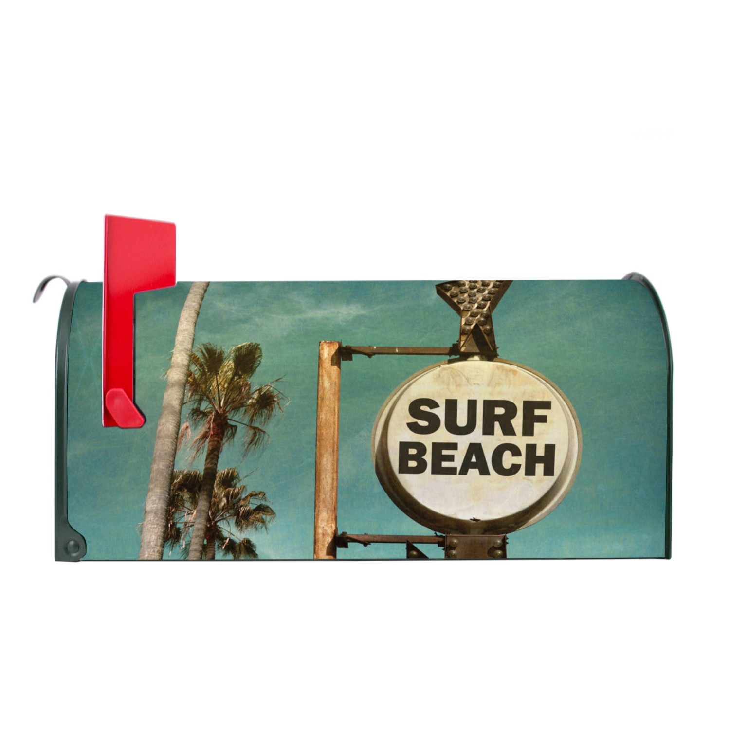 Grüner Banjado US Briefkasten mit Surf Beach Motiv, Stahl pulverbeschichtet.