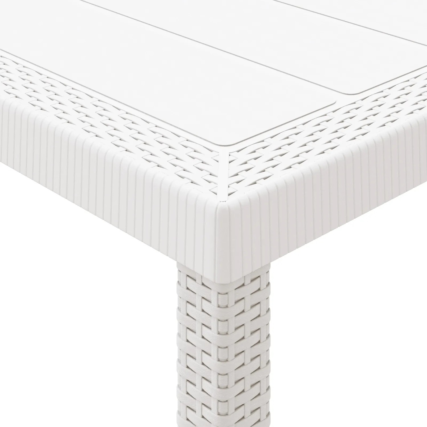 Detailansicht einer weißen vidaXL Garten-Essgruppe aus Rattan, Tischbein und Tischkante.