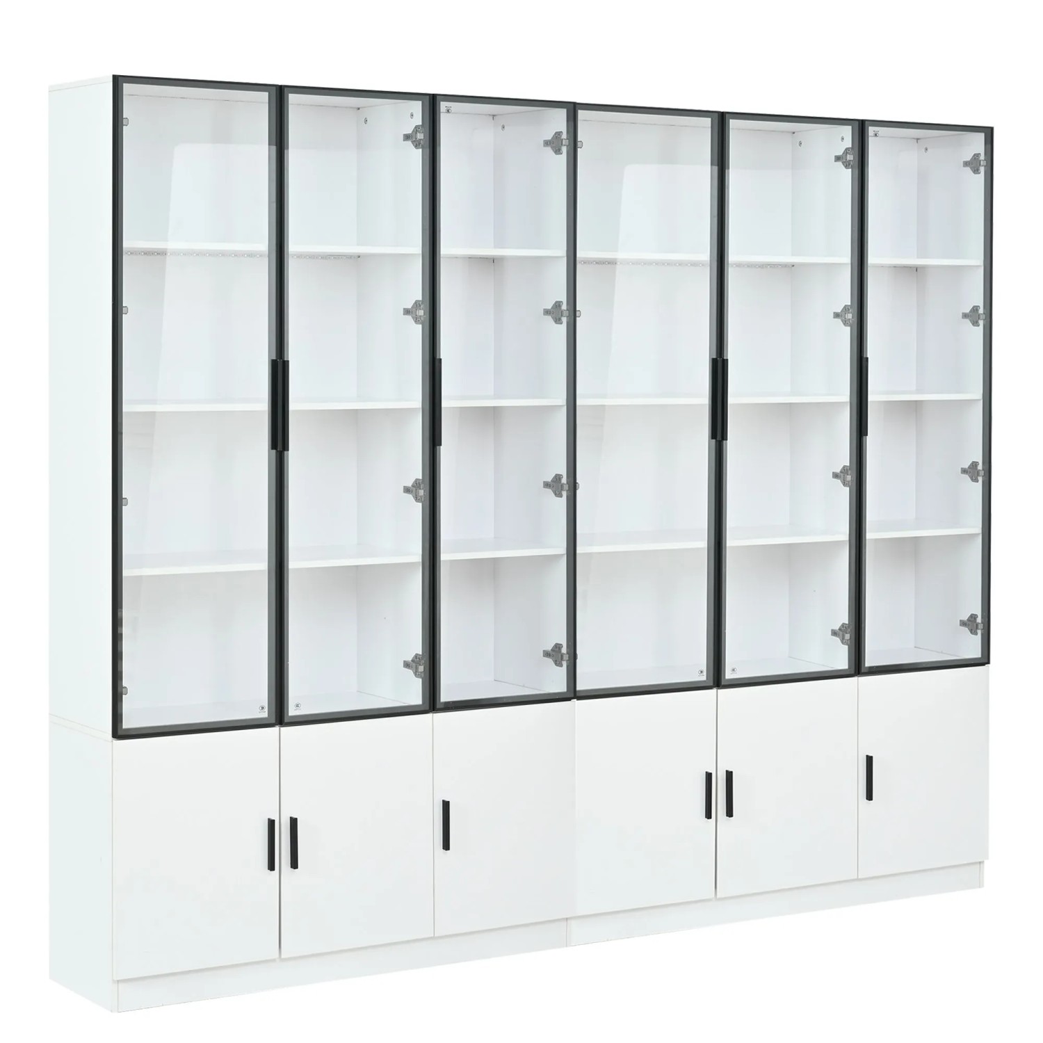 okwish Vitrine mit LED Beleuchtung Schranktüren Stauraum Wohnzimmer 240x32x200cm Weiß