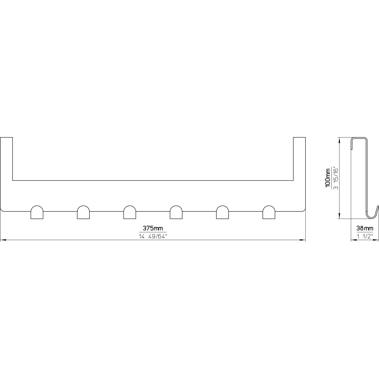 Technische Zeichnung: Siro Türgarderobe, Metall Chrom glänzend, 375mm breit, mit 6 Haken.