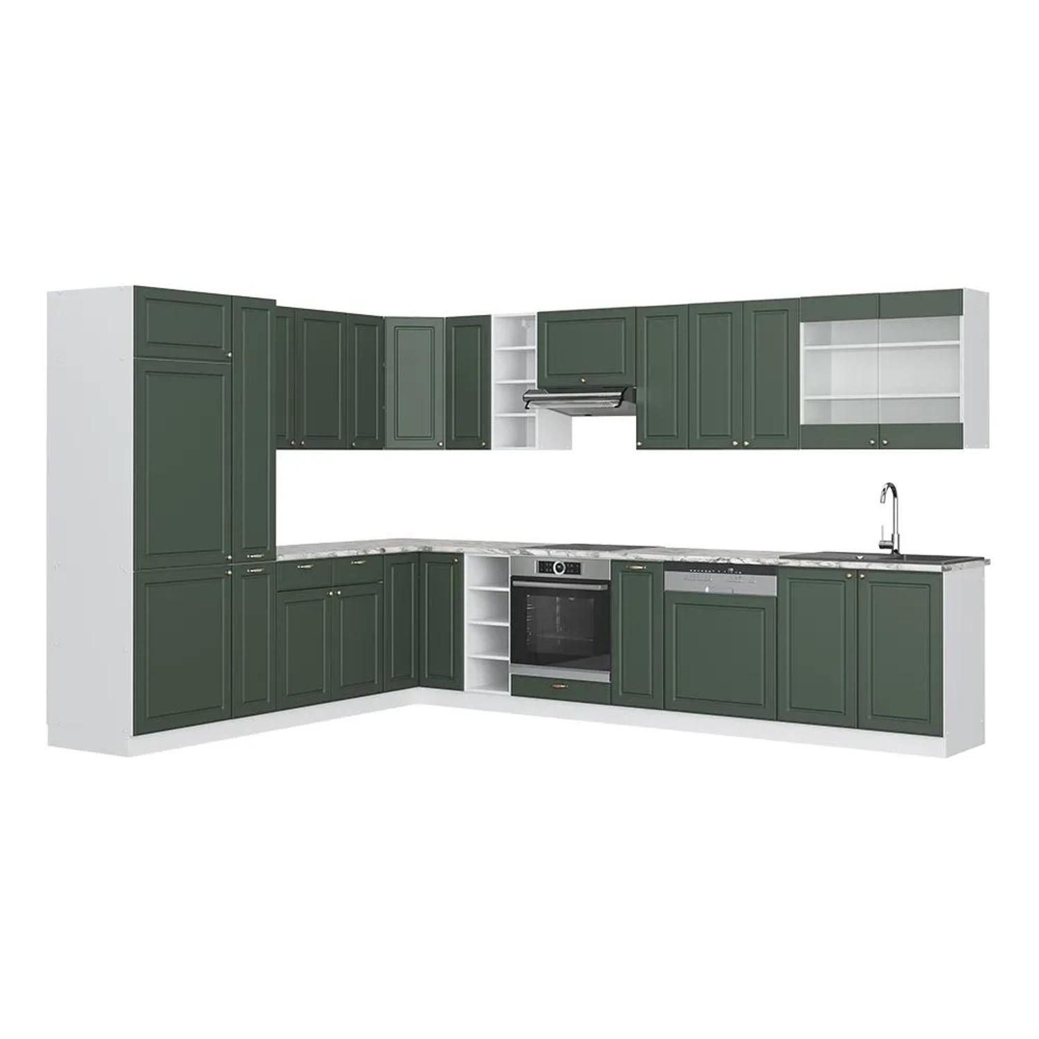 Vicco Eckküche Fame-Line Grün-Gold Landhaus/Weiß 347 x 82 ohne Arbeitsplatte