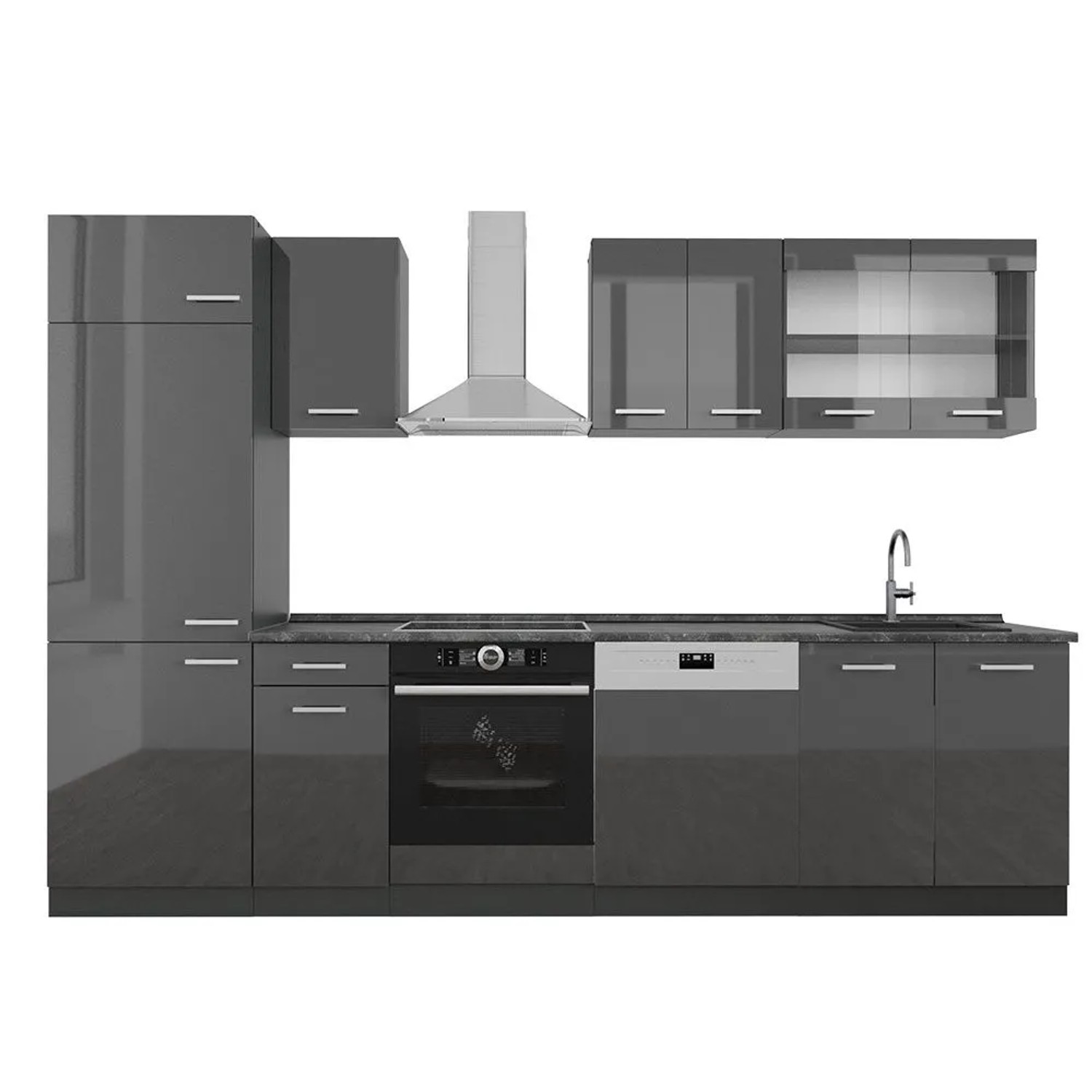 Vicco R-Line Küchenzeile Anthrazit Hochglanz Anthrazit 300 cm AP Anthrazit ohne E-Geräte