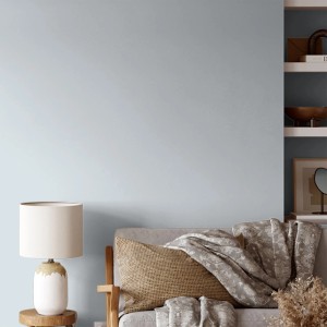 Wohnraum mit Wandfarbe V&CO Morgenhimmel Blau, dead flat matt.