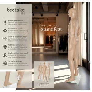 Beige Tectake Schaufensterpuppe aus Kunststoff, beweglich, 185 cm hoch, auf Glasplatte für Mode.