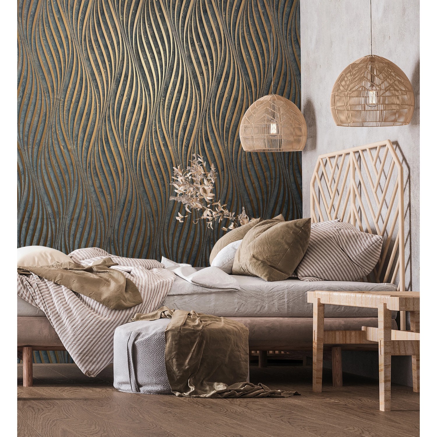 Marburg Vliestapete mit Streifenmuster in Schwarz und Kupfer im Schlafzimmer.