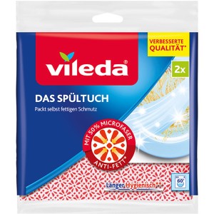 Vileda Spültuch 2er-Pack: Saugstarke, rote Microfaser Spültücher im Doppelpack für Küche und Haushalt.