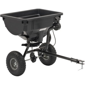 Alpina Düngerstreuer für Rasentraktoren, Anhänger mit Rädern und schwarzem Behälter.