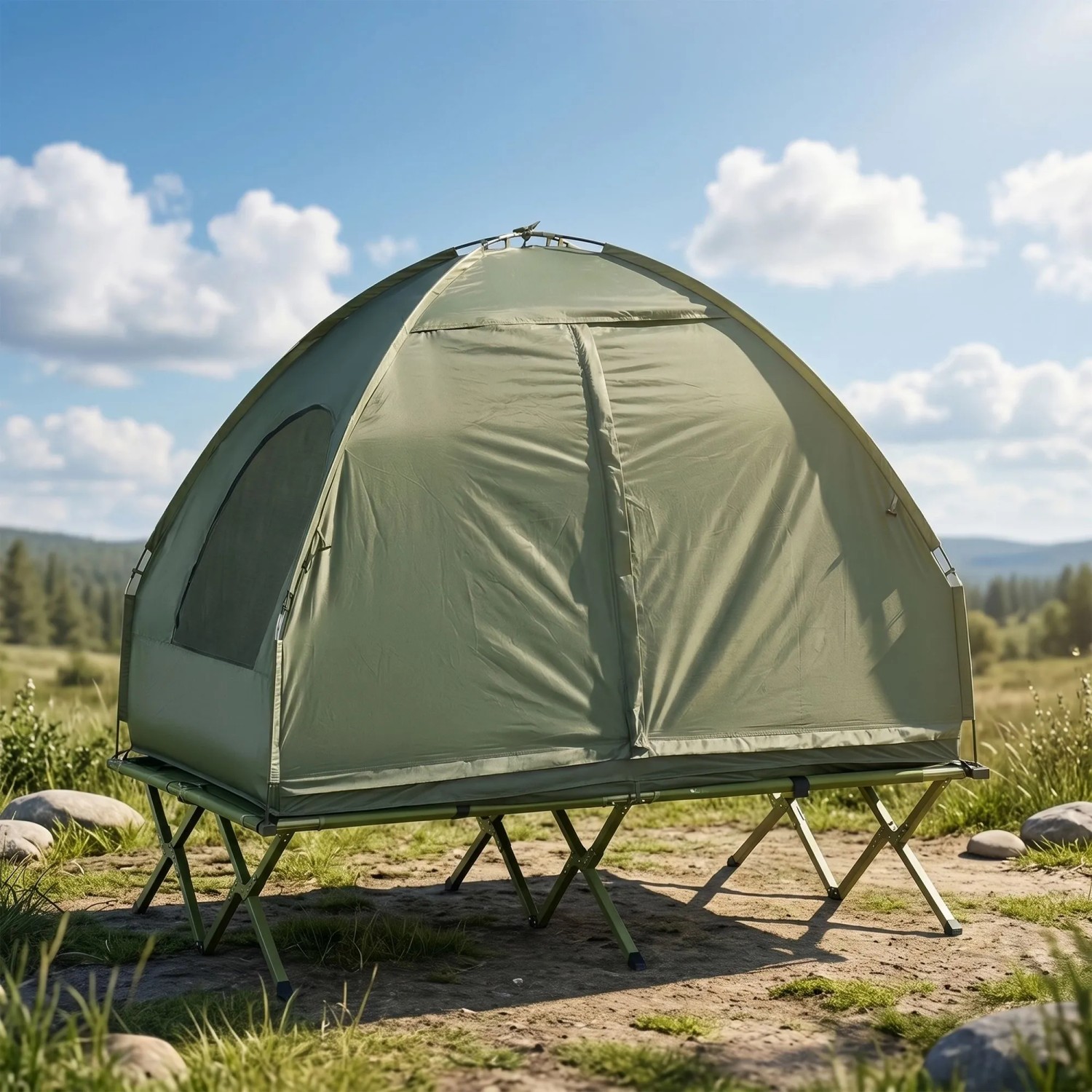 Grünes Campingzelt für 2 Personen auf Feldbett. Robustes Outdoor-Zelt mit Netzfenster für komfortable Übernachtung.