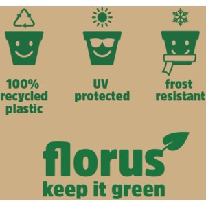 Florus Balkonkasten Paris: Symbole für recycelten Kunststoff, UV-Schutz und Frostbeständigkeit.