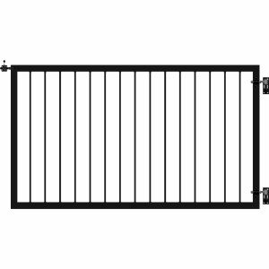 Schwarzes Gartentor Basic aus Stahl, 150x85 cm, mit senkrechten Stäben und Torbeschlag.