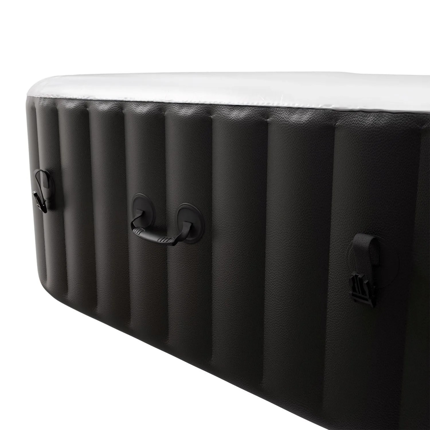 Detailansicht des schwarzen, aufblasbaren Juskys SpaLuxe Whirlpools aus robustem PVC mit weißen Rändern, Griffen und Schnallen.