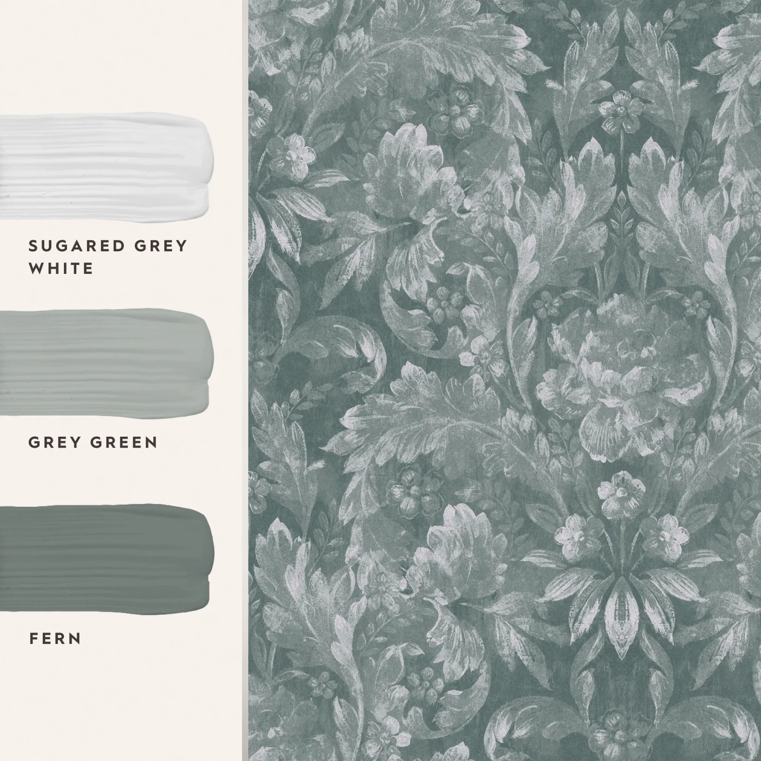 Laura Ashley Vliestapete Apolline Jade Green mit floralem Damastmuster.