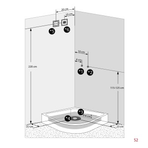Skizze der AcquaVapore Duschkabine 100x100 mit Maßangaben zu Anschlüssen.