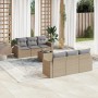 Beige 7-tlg. vidaXL Garten-Sofagarnitur aus Rattan mit hellgrauen Kissen.