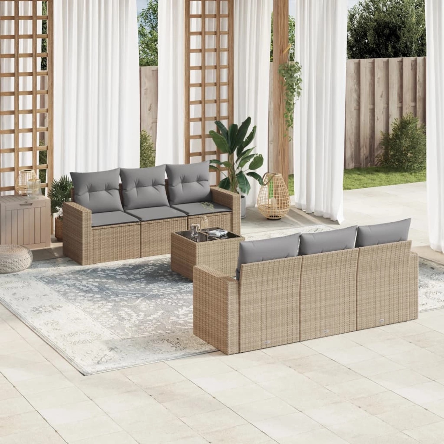 Beige 7-tlg. vidaXL Garten-Sofagarnitur aus Rattan mit hellgrauen Kissen.