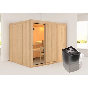 Karibu Sauna Gunda mit Ofen und integrierter Steuerung aus Naturholz.