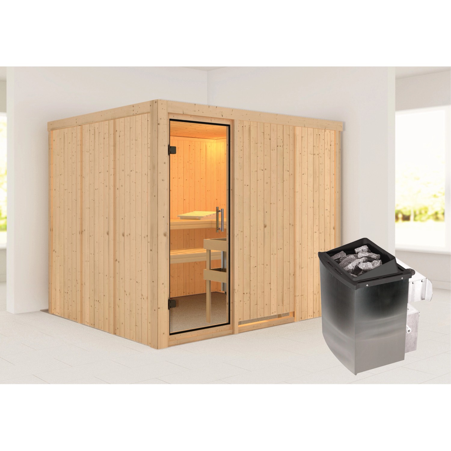Karibu Sauna Gunda mit Ofen integrierte Stg.Natur