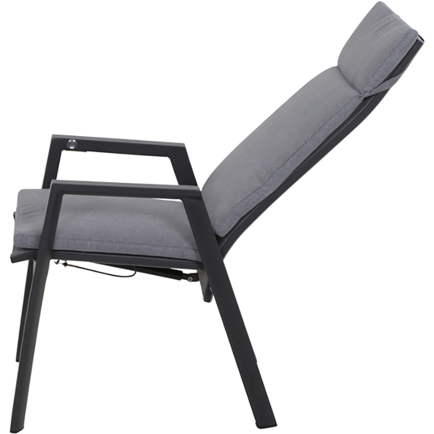 Siena Garden Valencia Dining Move Sessel, anthrazitfarben mit grauem Kissen.