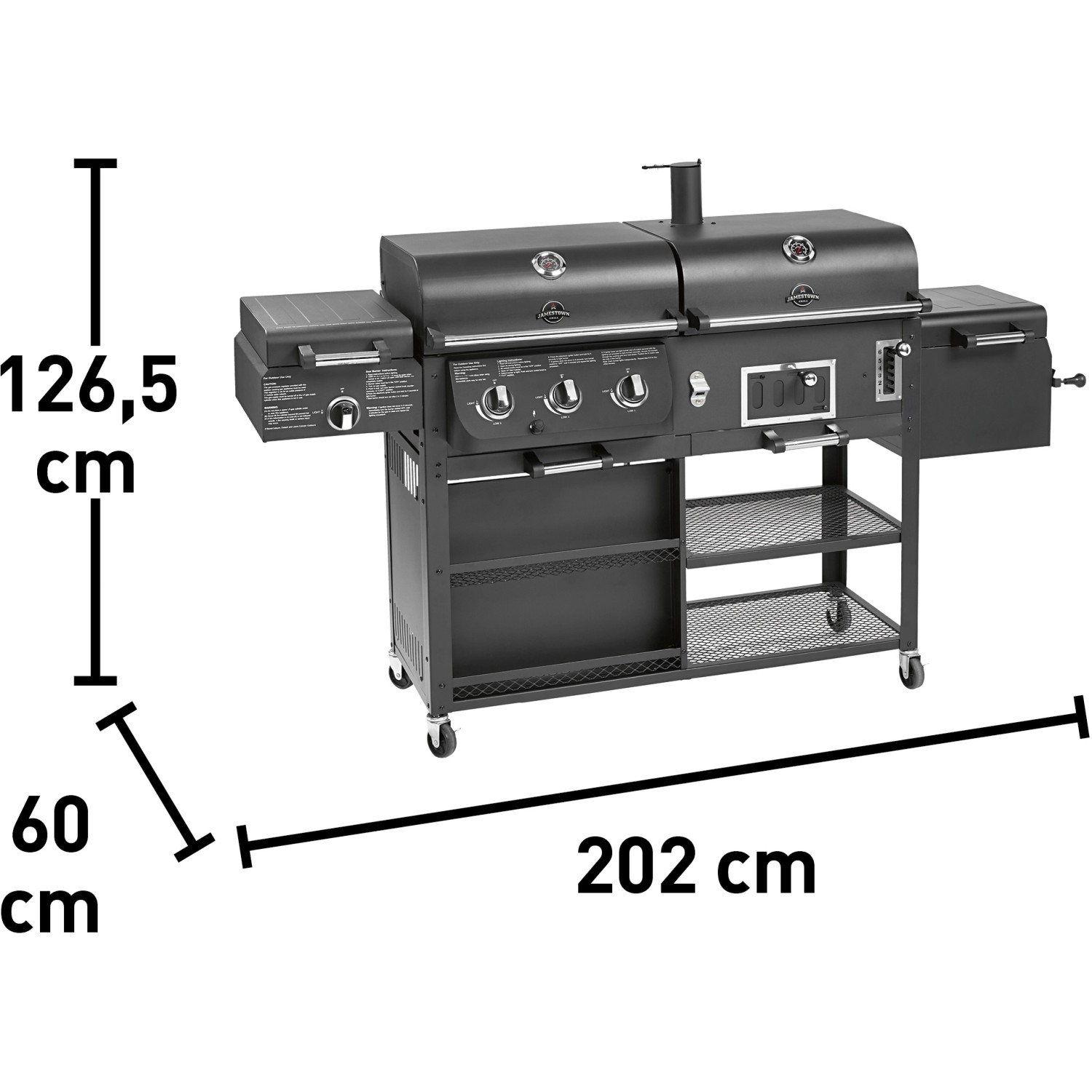 Jamestown Kombigrill Drake: Gas-, Holzkohle- und Smoker-Grill in einem, mit Ablageflächen und Rädern.