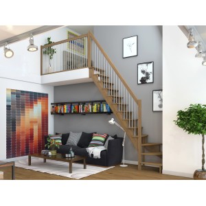 Dolle Raumspartreppe Lyon Eiche mit Metallgeländer, 1/4-gewendelt, in Wohnraum-Szene.