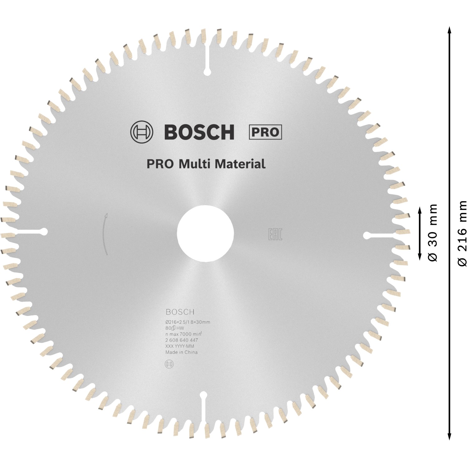 Bosch Kreissägeblatt Multi Material, 216 mm Durchmesser, für präzise Schnitte in verschiedenen Materialien.