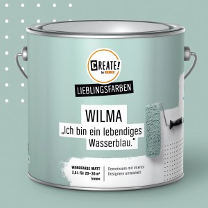 CREATE! by OBI Wandfarbe Wilma Wasserblau, matte Innenfarbe im Farbeimer.