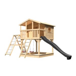 Karibu Stelzenhaus Benjamin mit Rutsche, Schaukel, Klettergerüst und Netzrampe aus Holz.